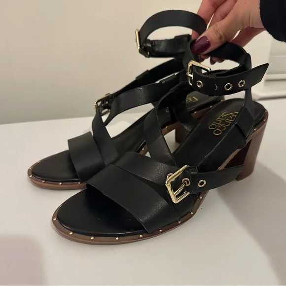 Franco Sarto Black and Gold Buckle Sandals - Picture 2 of 7